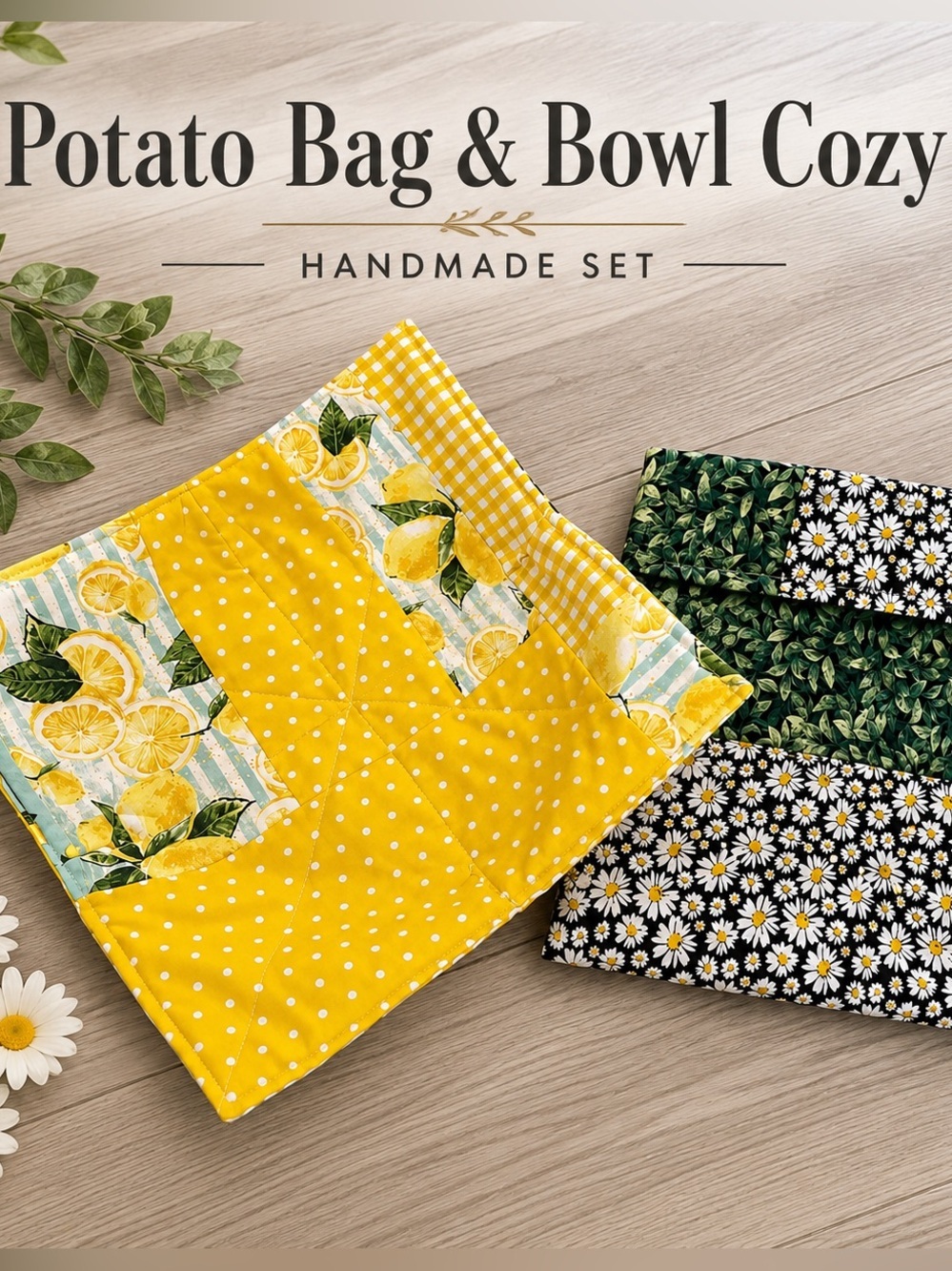 Handmade Lemon & Daisy Potato Bag + Bowl Cozy Set| Cottagecore Kitchen Gift